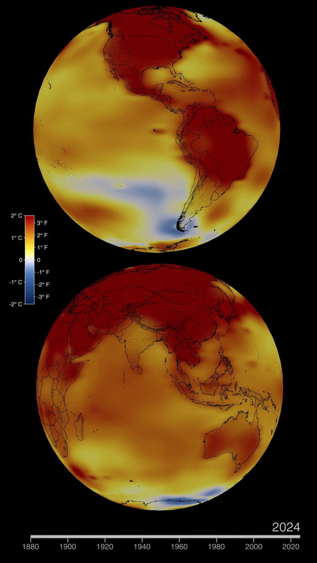 Thematic map showing global temperature anomalies, where deep reds indicate warming above the 1951–1980 average.