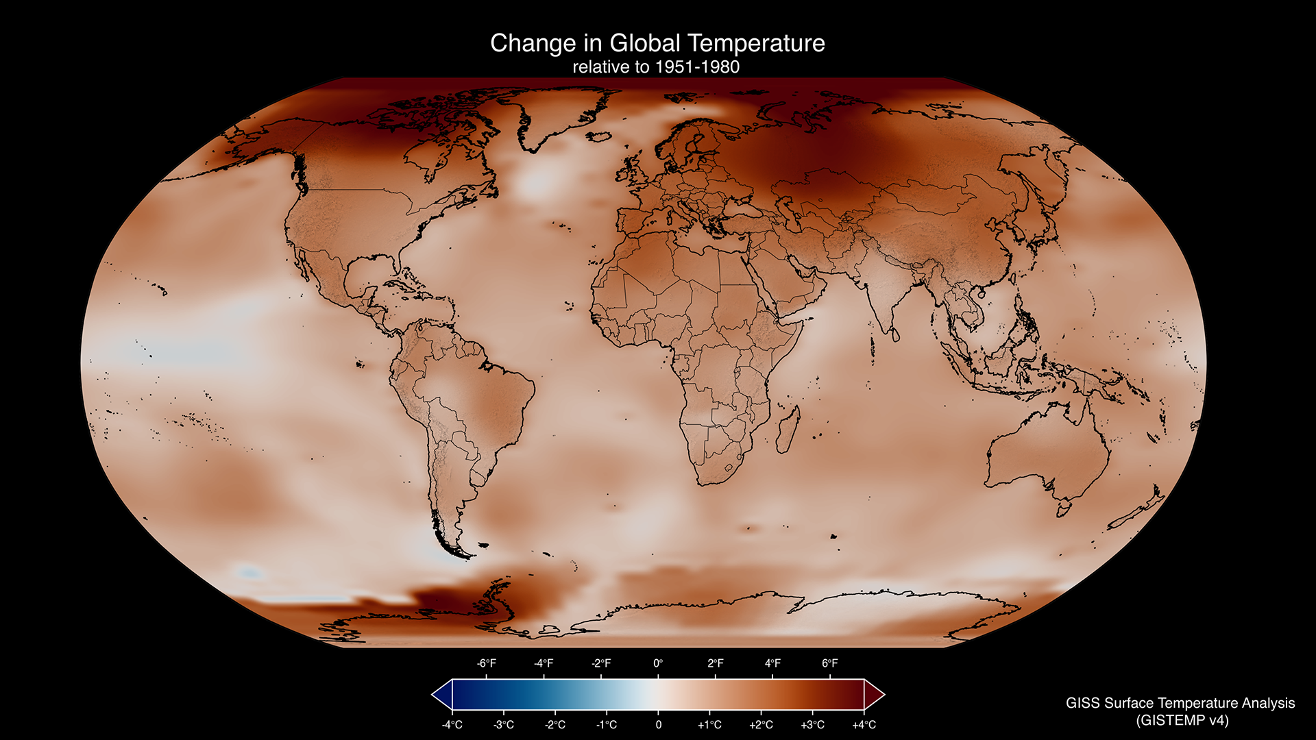 Thematic world map showing temperature anomalies, with deep red areas where the planet has warmed far above the long-term average.